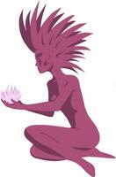 alieno ragazza con fiore nel sua mani seduta su sua giro. illustrazione ragazza viola ombra silhouette con lussureggiante capelli Tenere un' acqua giglio o loto nel sua mano. vettore