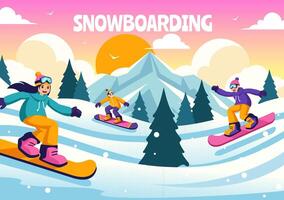 snowboard illustrazione con persone scorrevole e salto su un' nevoso montagna pendenza durante inverno, piatto stile cartone animato sfondo vettore