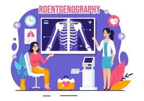 radiografia illustrazione con fluorografia corpo verifica procedura, raggi X lettura o roentgen nel Salute cura nel un' piatto cartone animato sfondo vettore