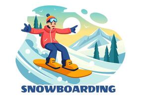 snowboard illustrazione con persone scorrevole e salto su un' nevoso montagna pendenza durante inverno, piatto stile cartone animato sfondo vettore