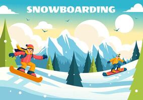 snowboard illustrazione con persone scorrevole e salto su un' nevoso montagna pendenza durante inverno, piatto stile cartone animato sfondo vettore