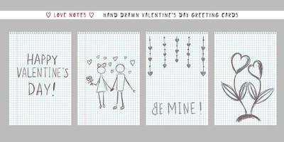 carino biglietto di auguri di san valentino stile ingenuo disegnato a mano. messaggio di nota d'amore scritto a mano sul foglio a scacchi. formato verticale banner invito flyer brochure card vettore