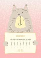 Calendario di settembre 2022, simpatico gatto animale che tiene un foglio di calendario mensile, stile infantile disegnato a mano vettore