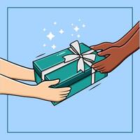 mani dando regalo scatola donazione di diversità persone supporto e beneficenza concetto illustrazione vettore