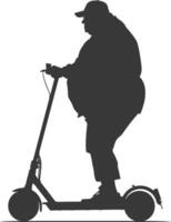 silhouette Grasso anziano uomo equitazione elettrico scooter pieno corpo nero colore solo vettore