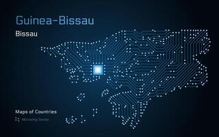 Guinea Bissau, carta geografica con un' bissau mostrato nel un' microchip modello. e-governo. mondo paesi mappe. microchip serie vettore