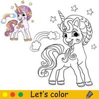 bambini colorazione con carino unicorno e arcobaleno vettore