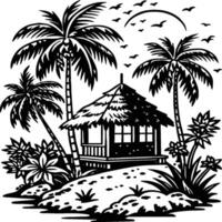il estate spiaggia. silhouette palma alberi e tramonto. design di saluto carte, manifesti, cerotti. vettore