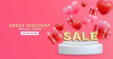 grande concetto di banner di vendita di sconto. grande sconto vendita banner design in illustrazione 3d su sfondo rosa, vendita parola ballon sul podio, cuore ballon ed elementi regalo. illustrazione di sfondo rosa vettore