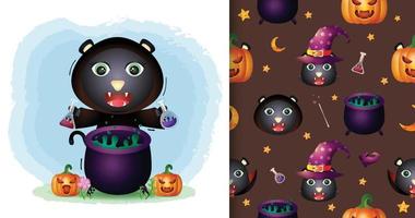 un simpatico gatto nero con costume da strega collezione di personaggi di halloween. modelli senza cuciture e disegni di illustrazione vettore