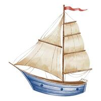 barca a vela acquerello illustrazione. disegno di andare in barca nave nel pastello colori per bambino doccia design su isolato sfondo. schizzo di barca o yacht per infantile design nel nautico stile. colorato vela vettore