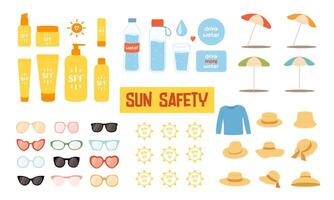 sole sicurezza grande impostato design elementi isolato. piatto cartone animato clip arti di crema solare, occhiali da sole, acqua, spiaggia ombrelli e cappelli. vettore