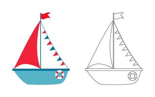 colorazione libro mare vela barca contorno schema piatto illustrazione clip arte isolato. carino semplice mano disegnato design elemento vettore