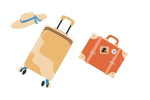 estate vacanza elemento di cartone animato valigia con etichetta o astratto modello e bere. può Usato per adesivi e toppa, copertina design. vettore