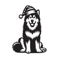 fiducioso Natale cappello alaskan malamute illustrazione nel nero e bianca vettore