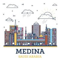 schema medina Arabia arabia città orizzonte con colorato moderno e storico edifici isolato su bianca. medina paesaggio urbano con punti di riferimento. vettore