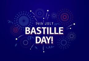 14 luglio, bastille giorno celebrazione saluto carta o bandiera design modello con testo e fuochi d'artificio nel francese nazionale colori vettore