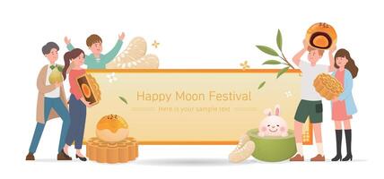 asiatico tradizionale Festival metà autunno Festival, contento celebrazione di famiglia e gli amici, illustrazione scorrere manifesto, Luna torta con pomelo e coniglietto vettore