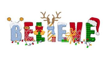 ritenere. mano disegnato scarabocchio testo con Santa cappello, corno, i regali e ghirlande. Natale design per manifesto, striscione, t camicia, carta, aviatore vettore