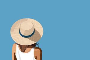 estate vacanze, turismo. un' ragazza nel un' cappello, nel un' bianca camicia, con sua capelli fuori uso. posteriore Visualizza di il donna. blu sfondo vettore