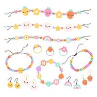 bambini gioielleria impostare. colorato fatto a mano bracciali con plastica perline, lettere, stelle, cuori, fiori. amicizia bracciali, orecchini, anelli vettore