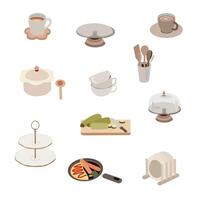 cucina icone illustrazione. cucina attrezzatura. cucina grembiule, coltello impostare, miscelatore, salsa pentole, piatti, taglio asse, frittura padella, casseruola e caffè tazza, cibo contenitori. piatto illustrazione vettore