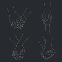 mano disegnato mani di coppia su buio sfondo. mano nel mano. contorno disegno. schema Tenere mani. illustrazione vettore