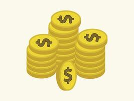 i soldi e monete illustrazioni. d'oro moneta pila con dollaro cartello nel isometrico stile vettore