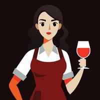 un' giovane donna indossare un' bianca camicia e Marrone grembiule, Tenere un' bicchiere di rosso vino vettore