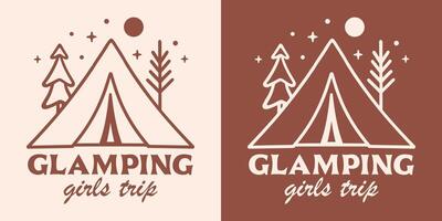 glamping ragazze viaggio accoppiamento camicia capi di abbigliamento design glam campeggio camper Stampa distintivo carino tenda stellato notte foresta disegno boho estetico illustrazione vettore