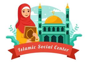 islamico sociale centro illustrazione con moschee, educativo istituzioni per islamico studi e sviluppo nel piatto cartone animato sfondo vettore