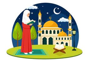 islamico sociale centro illustrazione con moschee, educativo istituzioni per islamico studi e sviluppo nel piatto cartone animato sfondo vettore