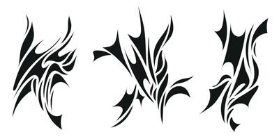 impostato di y2k stile neo tribale tatuaggi impostare, sagome, grunge metallo illustrazioni. metallo, roccia, punk estetico vettore