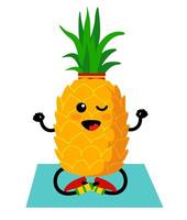 carino ananas nel yoga posa. ananas fare yoga esercizio. divertente frutta personaggio nel loto posa. mangiare salutare e fitness. vettore