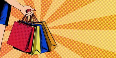 donna di mano Tenere colorato carta shopping borse. pop arte comico stile. bandiera modello design con copia spazio per saldi, sconto, speciale offerta. vettore