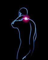 illustrazione di uomo con collo dolore. neon schema disegno di un' persona collo disagio. dannoso seduta. osteocondrosi. conseguenze di scorretto postura. vettore