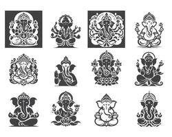 Ganesha icona impostato nel nero e bianca vettore
