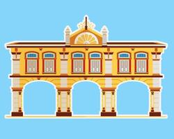 dettagliato illustrazione di un' vivace giallo storico edificio con arcuato finestre e colonne contro un' luminosa blu sfondo. vettore