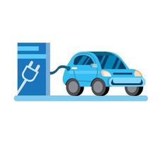 auto elettrica con stazione di ricarica, piccola city car subcompatta, illustrazione piatta vettore