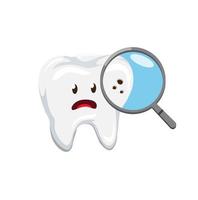 foro di rilevamento della lente d'ingrandimento nei denti, problema di cure odontoiatriche nel vettore piatto dell'illustrazione del fumetto isolato nel fondo bianco