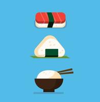 sushi, onigiri e ciotola di riso, cibo giapponese, illustrazione piatta dell'icona del bento vettore