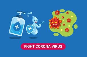 combattere il virus corona con disinfettante per le mani per proteggersi dalle malattie infettive. cartone animato piatto illustrazione vettoriale