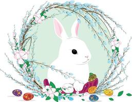 Pasqua coniglietto nel il rami di fioritura salice e Mela albero fiori. famiglie celebrare Pasqua insieme. contento Pasqua Dio benedire tutti di noi in giro il mondo vettore