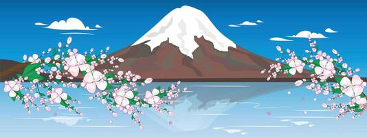 illustrazione fuji montagna nel Giappone. bellissimo natura di nevoso montagna con sakura fiori. giapponese romantico posto per. illustrazione per qualunque design e decorazione. vettore
