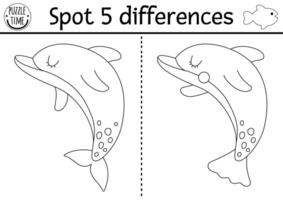 trova differenze gioco per bambini. sotto il mare nero e bianca educativo attività con carino delfino. oceano vita linea puzzle per bambini con acqua animale. subacqueo stampabile colorazione pagina vettore