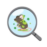 la lente d'ingrandimento ha rilevato virus batterico nel ratto, infezione da malattia su animale in fumetto illustrazione piatta vettore isolato in sfondo bianco