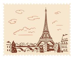 il eiffel Torre nel Parigi con un' affrancatura francobollo nel il sfondo di il città. punto di riferimento di Parigi. lineare illustrazione. scarabocchio stile vettore