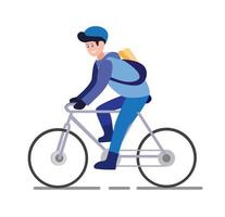 ragazzo del giornale o bici del corriere, uomo che va in bicicletta con il pacchetto per il cliente illustrazione piatta del fumetto vettore isolato in sfondo bianco