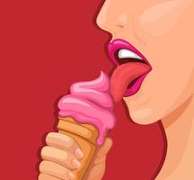 bocca della ragazza che mangia l'illustrazione del fumetto di concetto di simbolo del cono gelato vettore