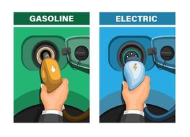 l'auto rifornisce la benzina e il concetto di confronto elettrico nell'illustrazione del fumetto vettoriale